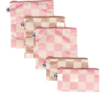 Tiny Twinkle 5 Pack Reusable Snack Bags – Machine Washable, PFAS, PVC, BPA, Phthalate-Free Reusable Baby and Toddler Food Safe Snack Bags (Checkers Pink Brown)