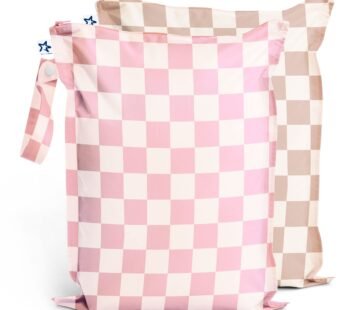 Tiny Twinkle Mess Proof Wet Bags | 2-Pack Reusable Waterproof Wet Bags for Swimsuits | Baby Clothes | Travel & Diaper Bag (Pink, Brown Checkers)