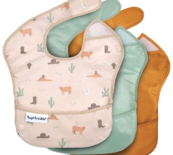 Tiny Twinkle Mess-Proof Baby Bibs for Eating | Waterproof, Wipeable Toddler Bibs with Catch-All Pocket | Feeding Bibs for Girls & Boys(3 Pack,Cowboy)