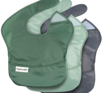 Tiny Twinkle Mess-Proof Baby Bibs for Eating | Waterproof, Wipeable Toddler Bibs with Catch-All Pocket | Feeding Bibs for Girls & Boys(3 Pack,Olive. Slate)