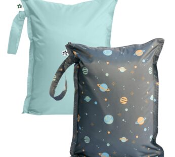 Tiny Twinkle Mess Proof Wet Bags | 2-Pack Reusable Waterproof Wet Bags for Swimsuits | Baby Clothes | Travel & Diaper Bag (Space, Ice Blue)