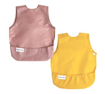 Tiny Twinkle Mess Proof Baby Bibs | 2 Pack Waterproof Toddler Bib for Eating | Baby Apron for Feeding, Machine Washable, Perfect Shower Gift (Taupe Dandelion, 6?24M)